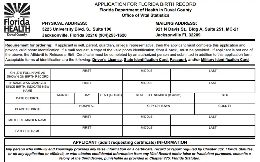 A screenshot of the Application for Birth Record offered by the Florida Department of Health in Duval County, showing the required information to complete the request; the physical and mailing address of the department and the requirements for ordering such document are also included.