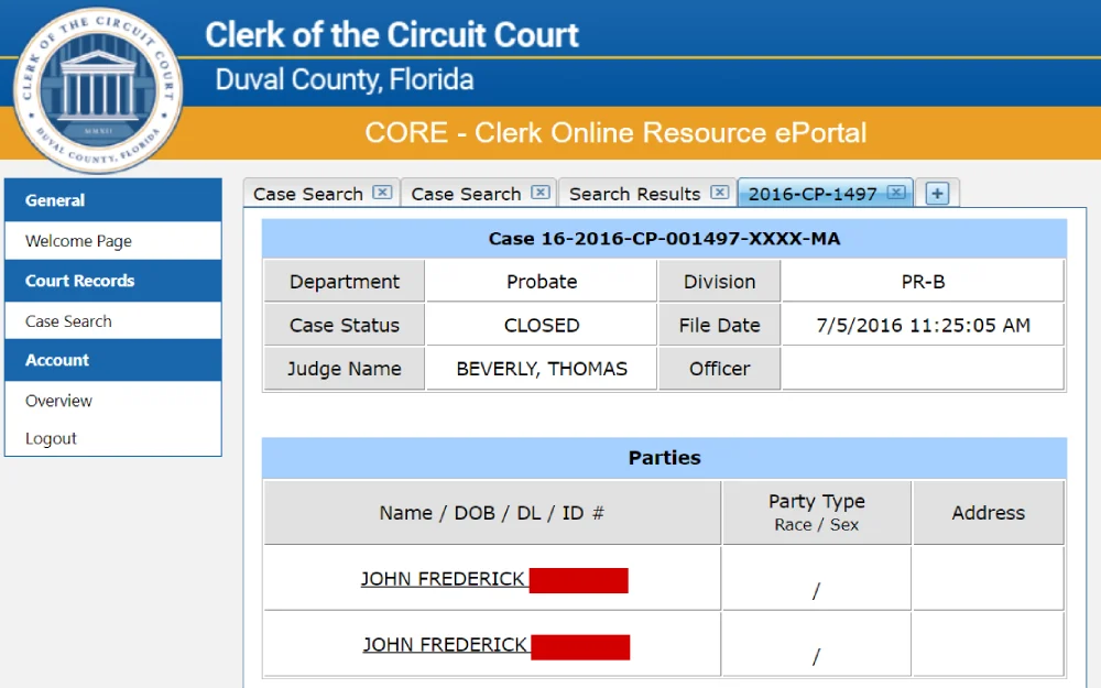 A screenshot of the result from a case search done on the Clerk of the Circuit Court's website in Duval County shows the case details including the department, case status, judge name, division, file date, officer, and the party's name.