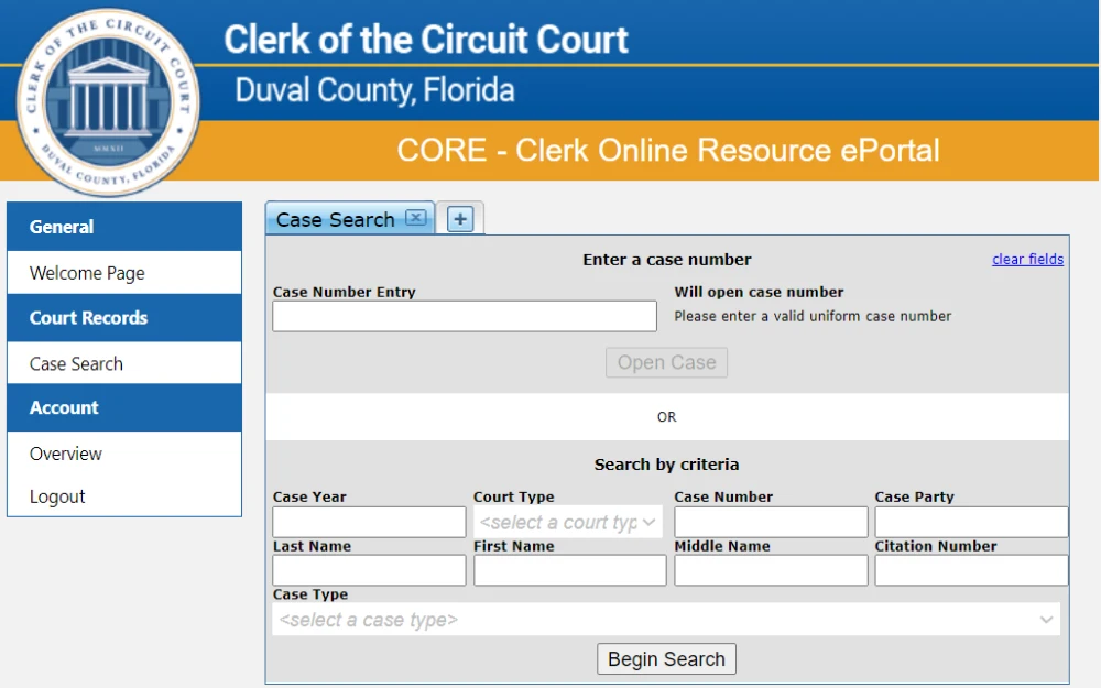 A screenshot from the Duval County Clerk of the Circuit Court website showing their case search page, including the required information to search; the Clerk's logo is displayed at the top left corner.