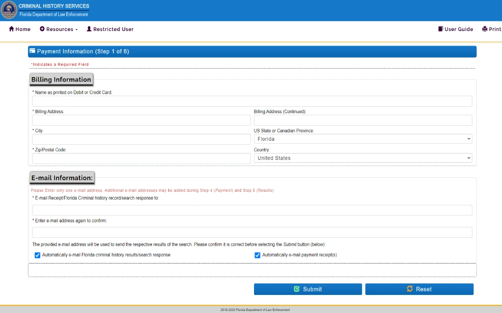 A screenshot of Step 1: payment information page for the background check request offered by the Florida Department of Law Enforcement's Criminal History Services; required fields are denoted by "*" and to proceed, the searcher must input their billing and email information.