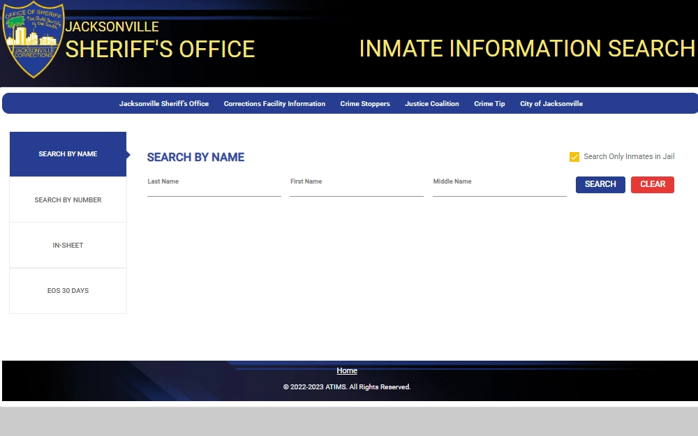 A screenshot of the Jacksonville Sheriff's Office Inmate Information Search shows four available search options along the right side: Search by Name, Number, In-Sheet, or EOS 30 days; to search by name, the searcher must input the inmate's full name and then click the search button to proceed.