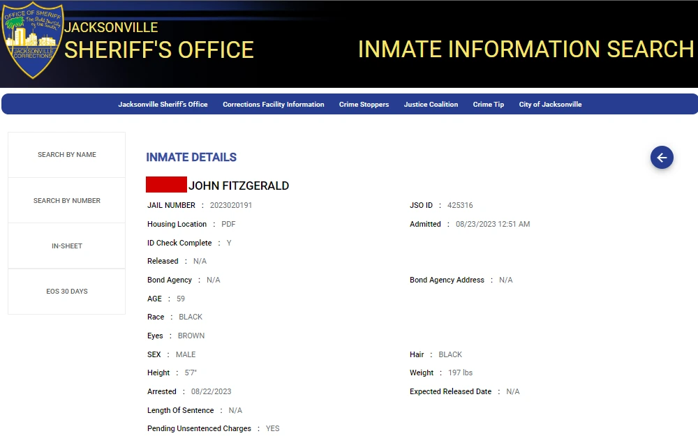A screenshot of the results from an inmate search on the Jacksonville Sheriff's Office Page shows the inmate's details, including full name, jail number, physical attributes and offense information.