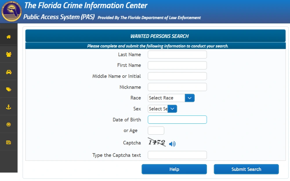 A screenshot of the wanted persons search page on the Public Access System provided by the Florida Department of Law Enforcement, where searchers have to input the offender's full name and a captcha to verify that the user is a human, then click the submit search button to search; for a more precise search, users can fill out additional fields.