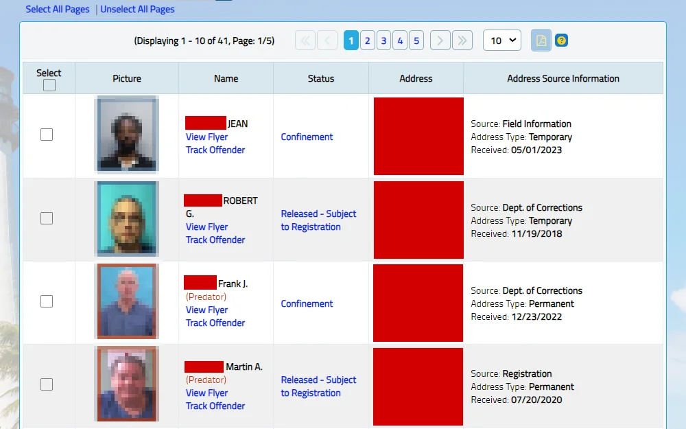 A screenshot showing the list of criminals from the online database hosted by the Florida Department of Law Enforcement with their mugshots, full names, status and addresses.