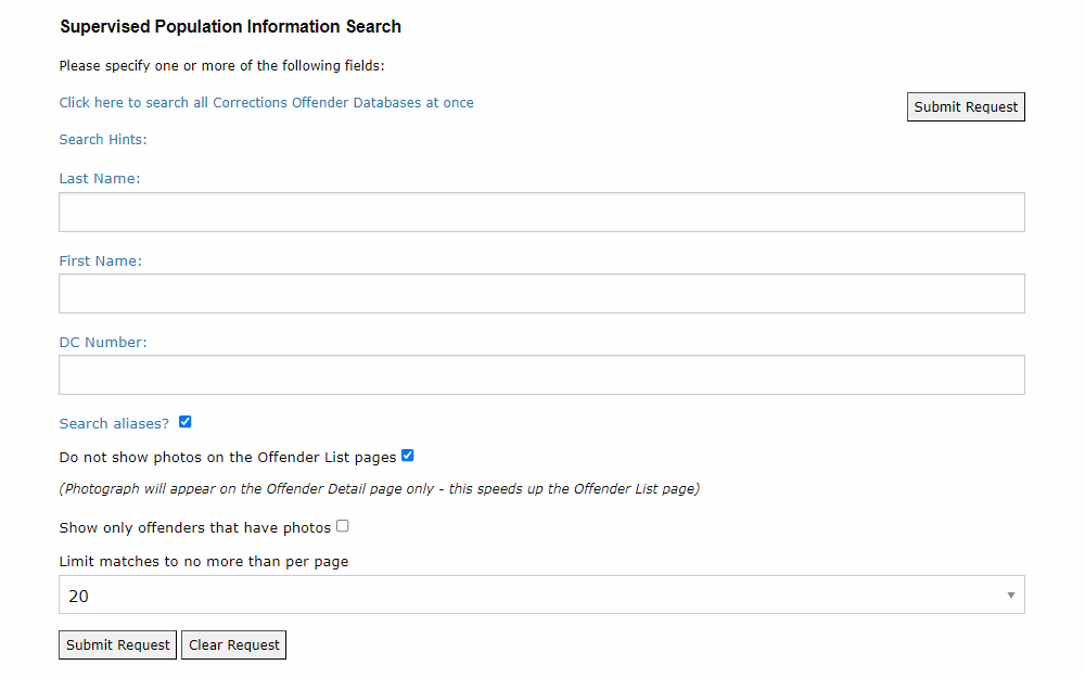 A screenshot of the Supervised Population Information Search page provided by the Florida Department of Corrections shows the required fields to search for offenders' details.