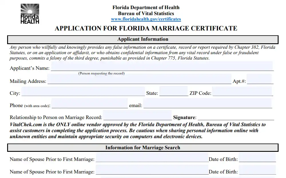 Screenshot of the application form for marriage certificate, showing the first two sections with fields for applicant information and information for marriage search.
