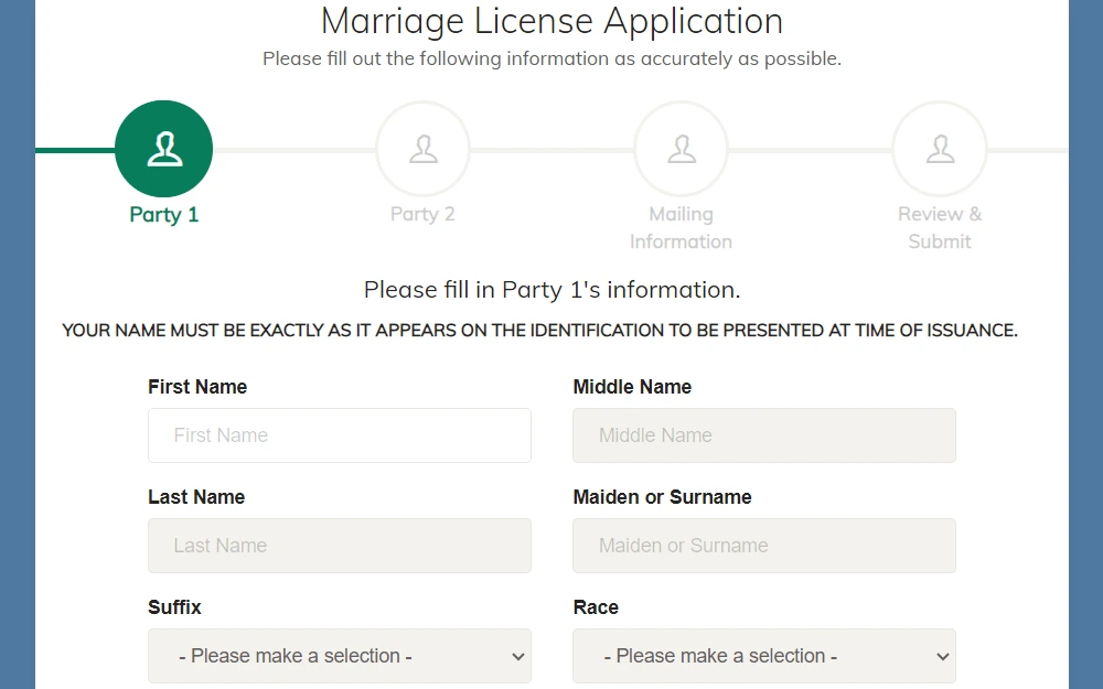 Screenshot of the online application form for marriage license showing fields for the party's name and race, and a progress tabs displaying both parties, mailing information, and submission.