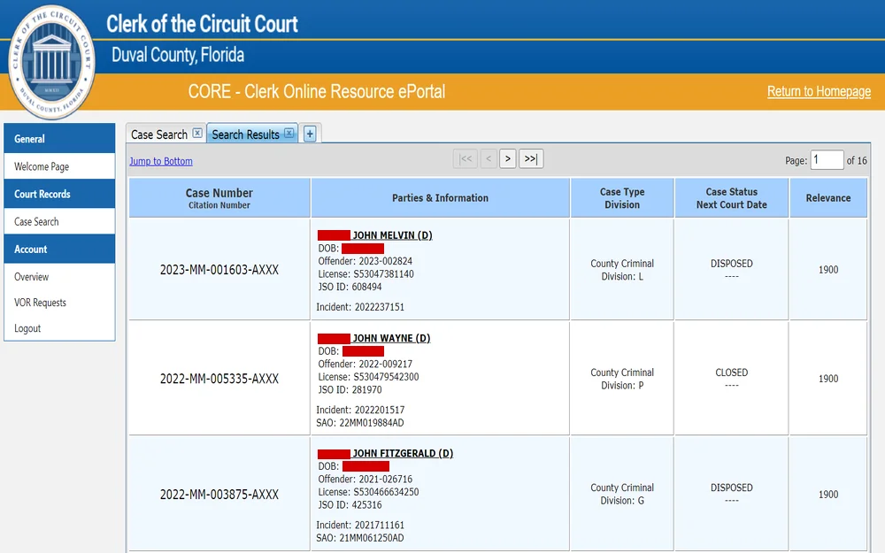 A digital record from the Clerk of the Circuit Court showing a search result page with multiple entries, displaying case numbers and party information, including dates of birth and offender details, along with case types, statuses, and divisions for a county in Florida.