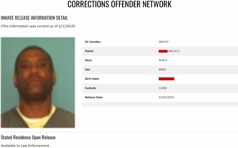 A screenshot of corrections network, including a photograph and basic details such as identification number, name, race, sex, and release date, with additional information restricted for law enforcement use.