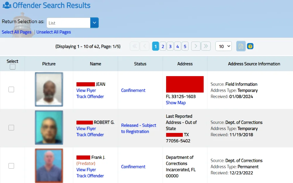 A screenshot of search results for individuals, including their photographs, names, current status, addresses, and options to view more details or track their status, displayed on a law enforcement website.