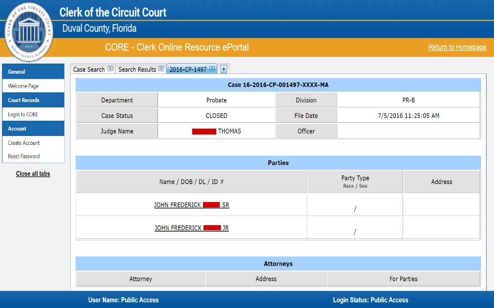 A screenshot from the Duval County Clerk of the Circuit Court's CORE displaying details such as the case number, judge name, and parties involved.