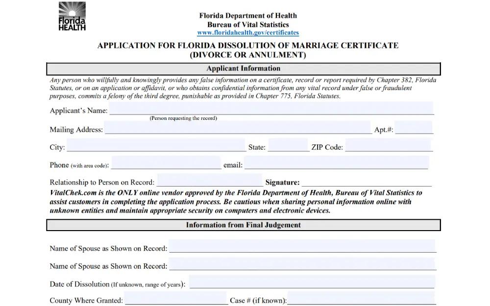 A screenshot from the Florida Department of Health detailing applicant information such as applicant's name, mailing address, city, state, ZIP code, phone, and email.