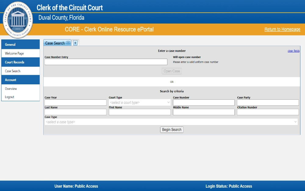 A screenshot of the CORE - Clerk Online Resource ePortal of the Duval County Clerk of the Circuit Court for searching court records with options to enter case numbers or search by criteria, including names and case types.