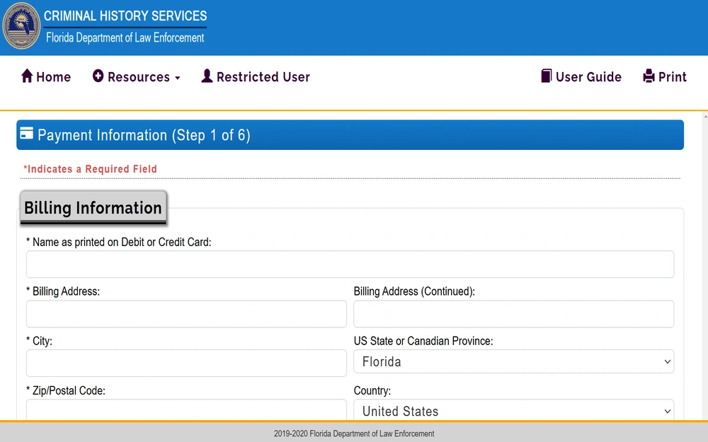 A screenshot of Step 1: payment information page for the background check request offered by the Florida Department of Law Enforcement's Criminal History Services; required fields are denoted by "*" and to proceed, the searcher must input their billing and email information.