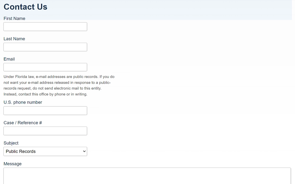 A screenshot from the Duval County Clerk of Courts website shows a contact us form with information to be filled out, such as first name, last name, email address, US phone number, case/reference number, subject and message.