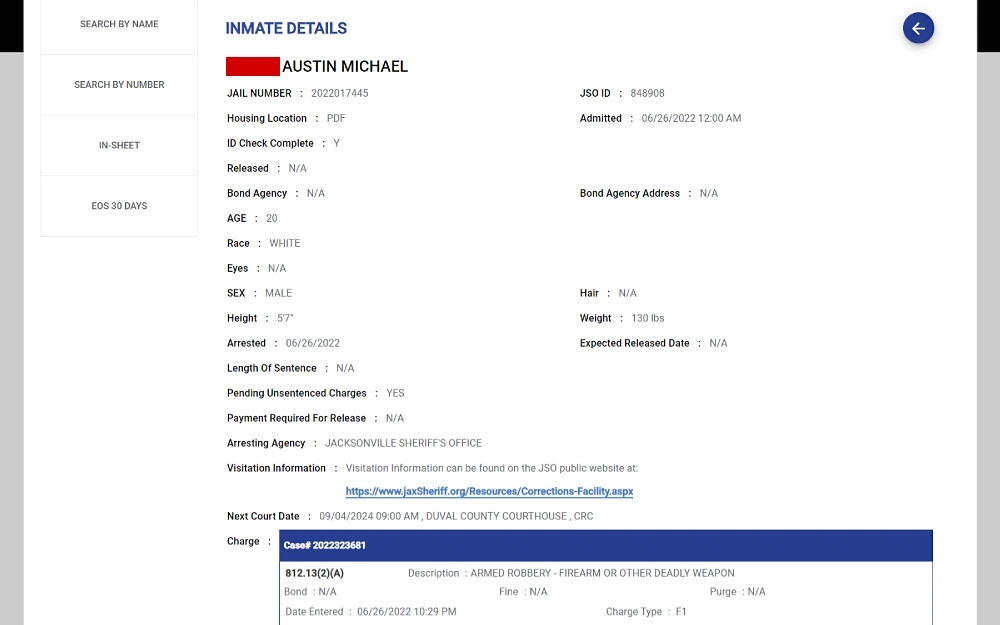 A screenshot showing an inmate's details displays information such as their full name, jail number, housing location, JSO ID, admitted date and time, age, race, sex, height, and other data from the Jacksonville Sheriff’s Office's website.